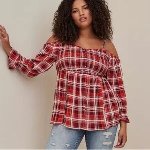 Torrid Babydoll Smocked Cold Shoulder Top 2X Womens Plaid Crinkle Gauze Blouse